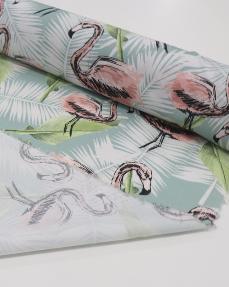 Tecido Tricoline Italiano Flamingos e Folhagens Verde, Branco e Rosa