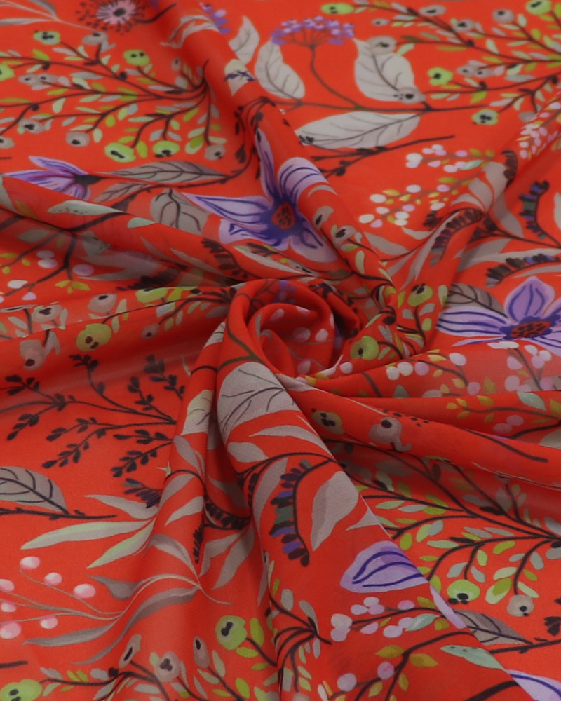 Tecido Crepe Chiffon Italiano Ramos Florais Lavanda e Vermelho