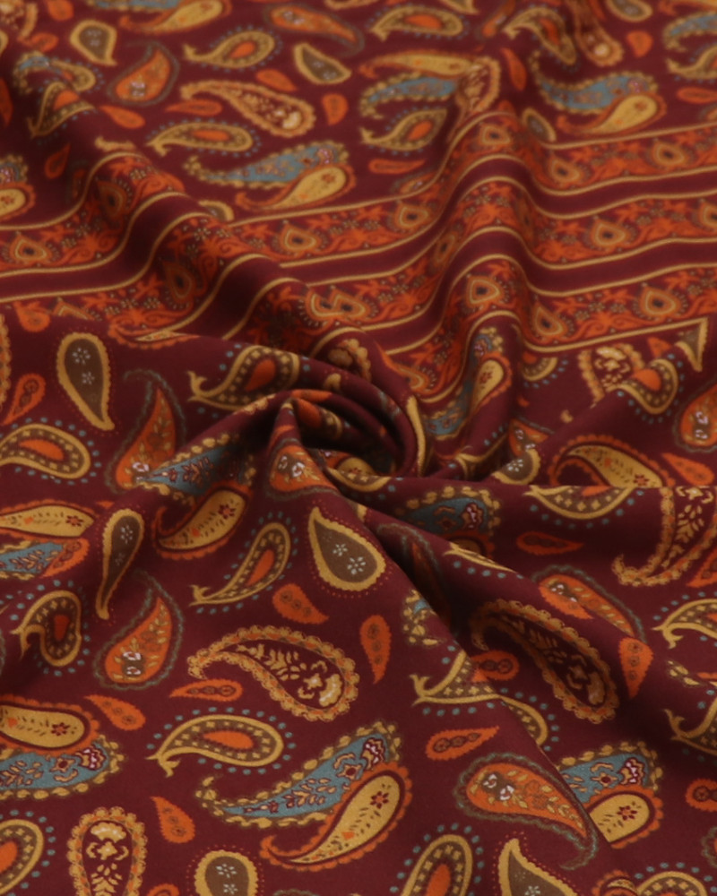 Tecido Viscose Sarjada Italiano Estampa Paisley Barrado Triplo Tons de Marsala