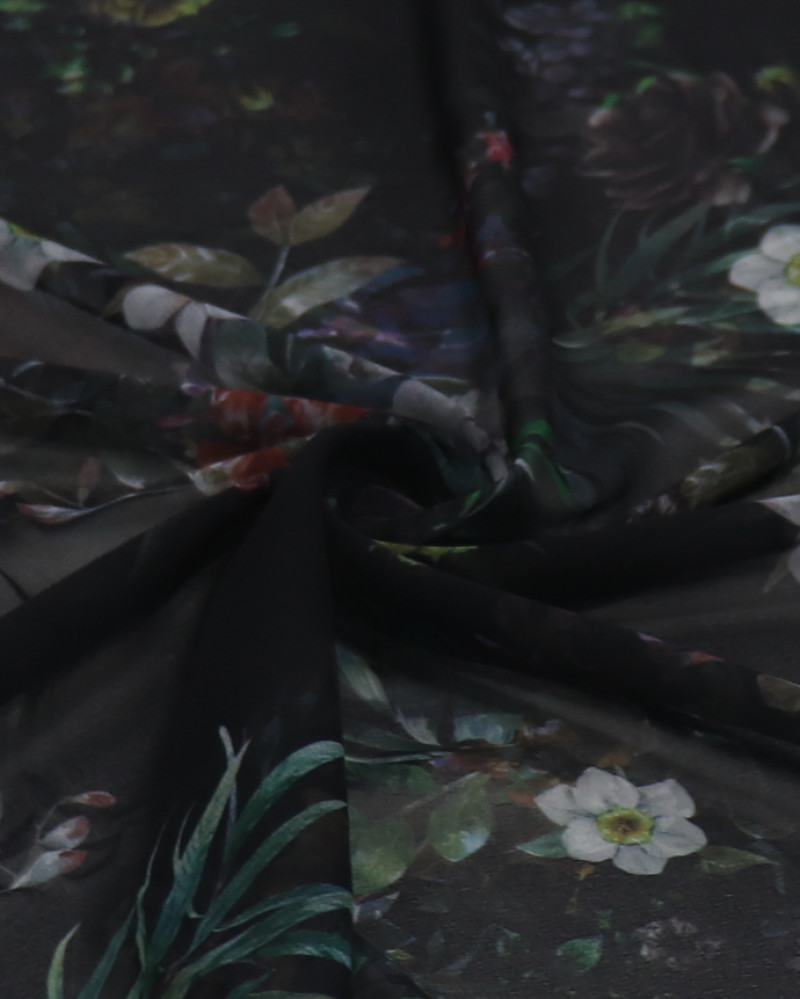 Tecido Crepe Chiffon Italiano Multi Ramos Florais Colorido e Preto