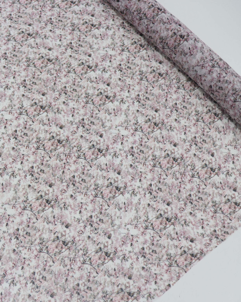 Tecido Crepe Chiffon Italiano Texturizado Micro Roseiras Rosé e Branco