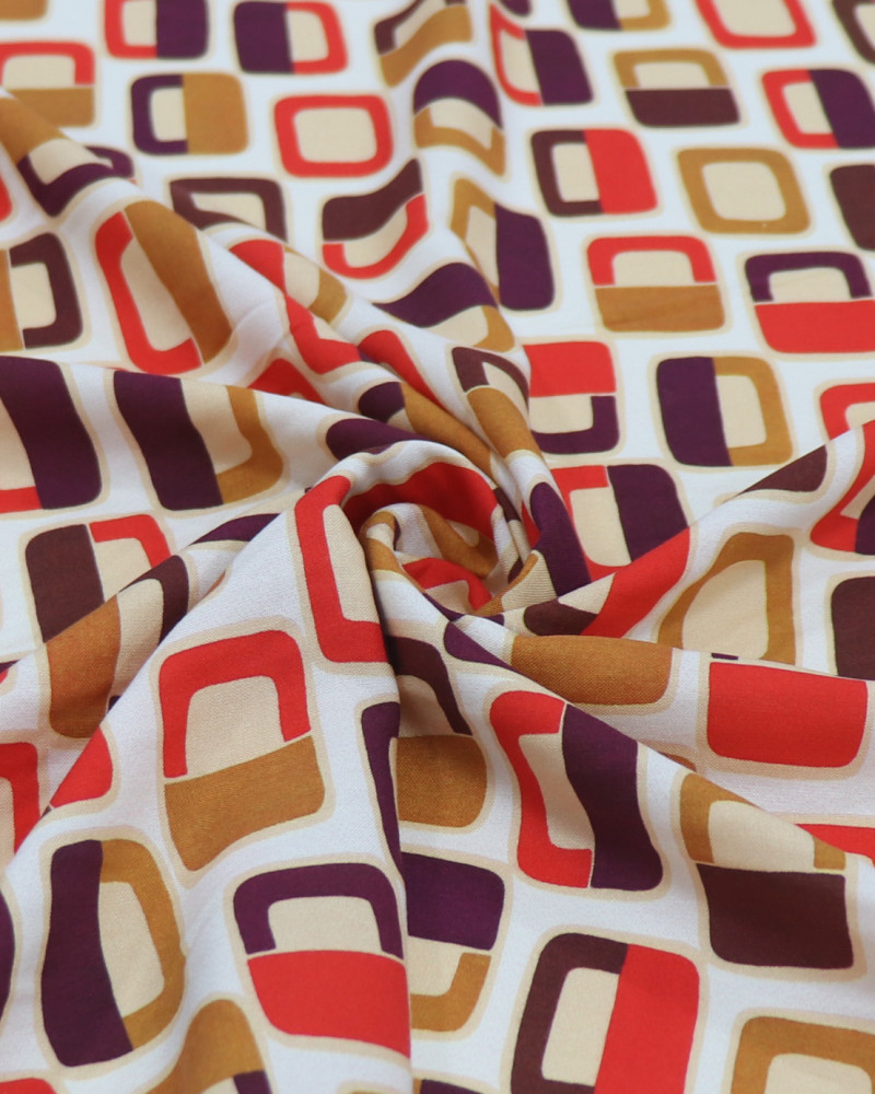 Tecido Viscose Italiano Geométrico Vermelho, Caramelo e Roxo