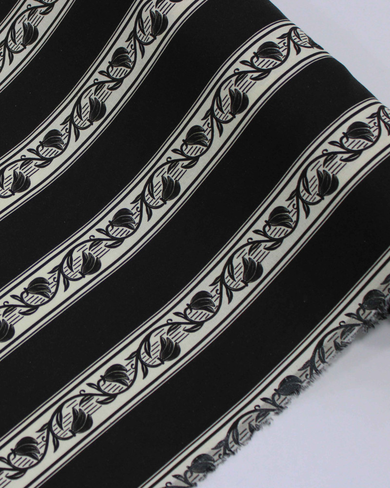 Tecido Linho Misto Rústico Premium Listras Florais Creme e Preto