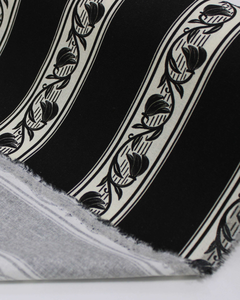 Tecido Linho Misto Rústico Premium Listras Florais Creme e Preto