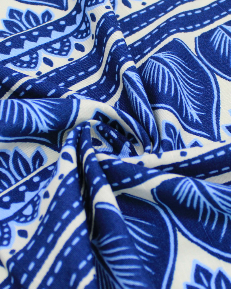 Tecido Linho Misto Premium Multi Listras Estampadas Tons de Azul e Offwhite