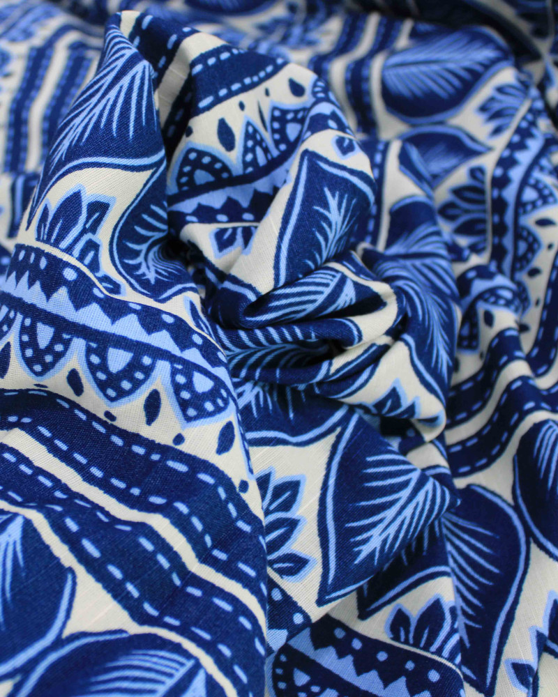 Tecido Linho Misto Premium Multi Listras Estampadas Tons de Azul e Offwhite