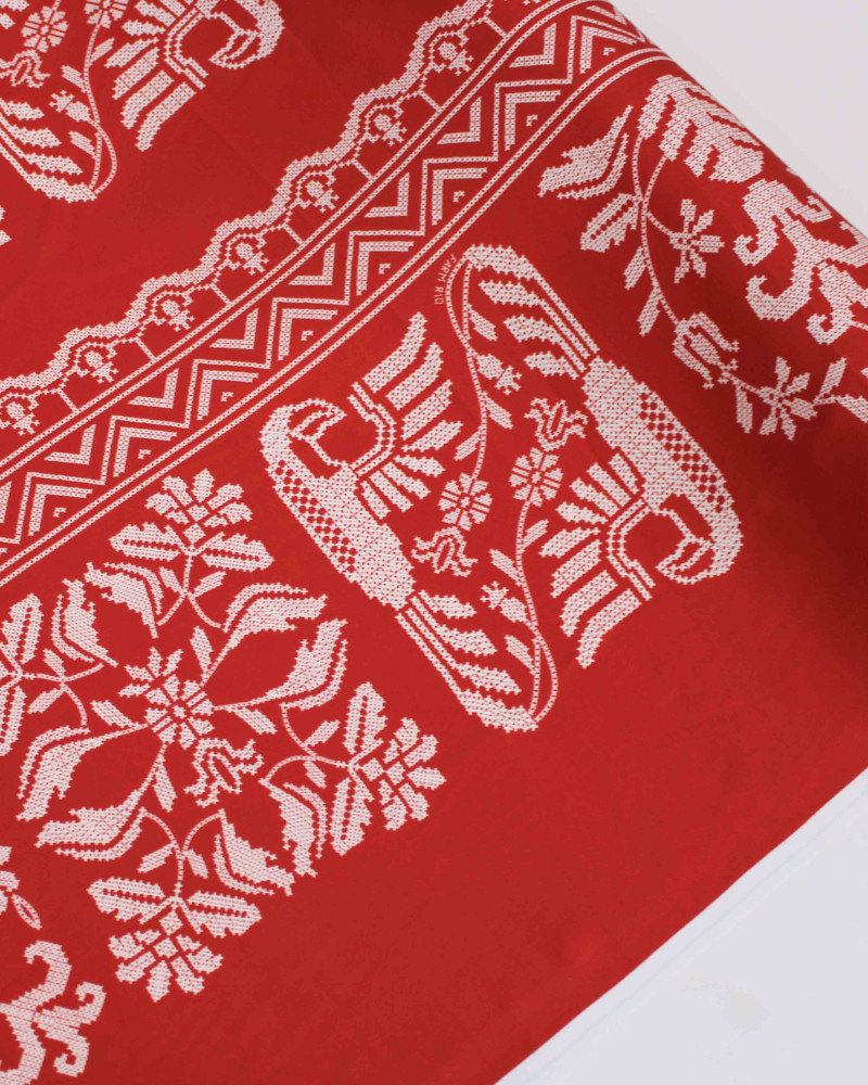 Tecido Viscose Premium Listras e Estampa Ponto Cruz Floral e Araras Branco e Vermelho