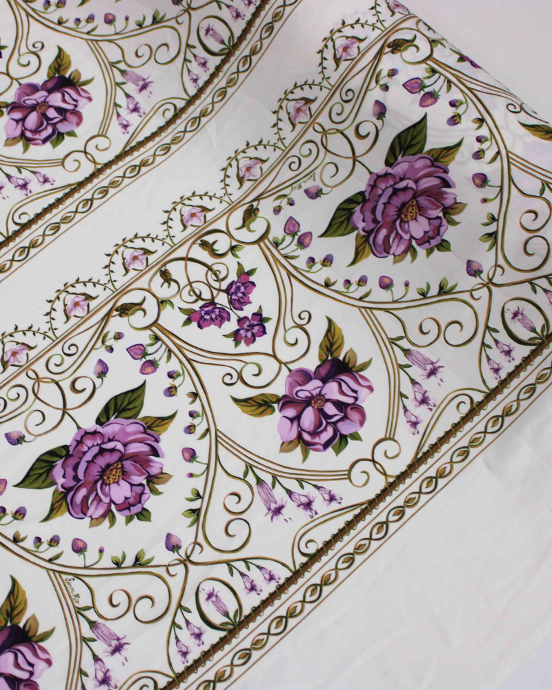 Tecido Viscose Premium Macro Listras Estampadas Florais Roxo, Verde e Creme