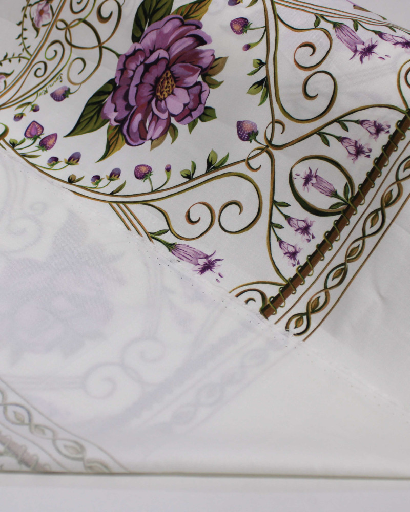 Tecido Viscose Premium Macro Listras Estampadas Florais Roxo, Verde e Creme