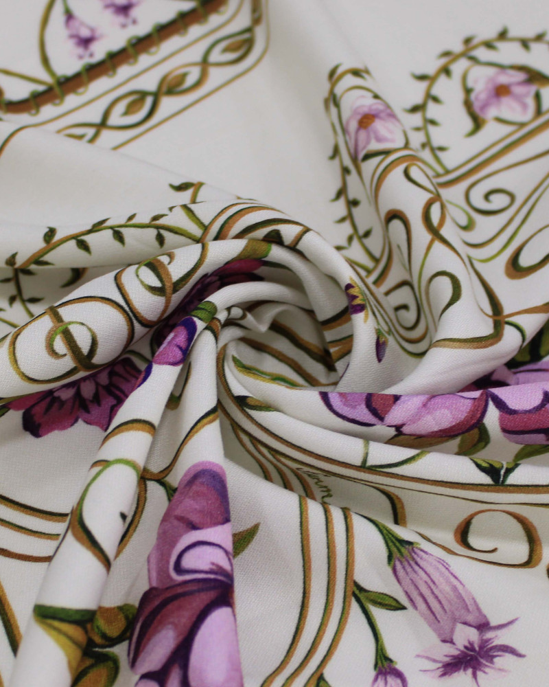 Tecido Viscose Premium Macro Listras Estampadas Florais Roxo, Verde e Creme