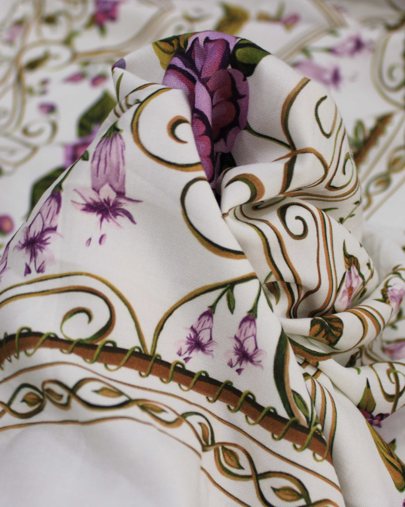 Tecido Viscose Premium Macro Listras Estampadas Florais Roxo, Verde e Creme