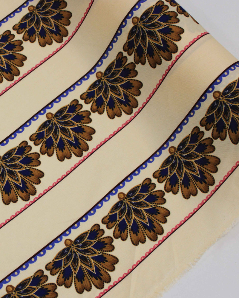 Tecido Viscose Premium Listras Estampadas Florais Caramelo, Azul e Creme