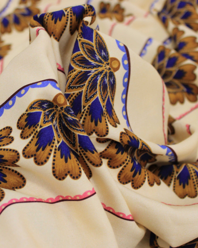 Tecido Viscose Premium Listras Estampadas Florais Caramelo, Azul e Creme