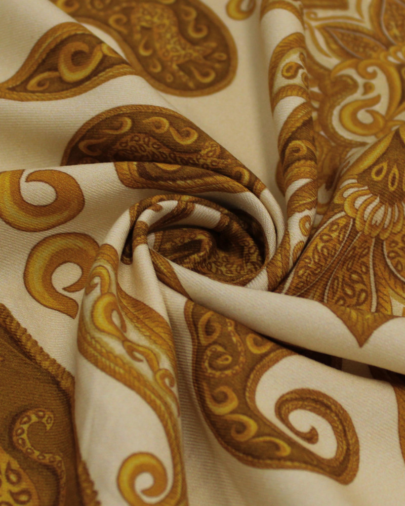 Tecido Viscose Sarjada Premium Mandalas, Cashmere e Onças em Recorte Caramelo e Creme
