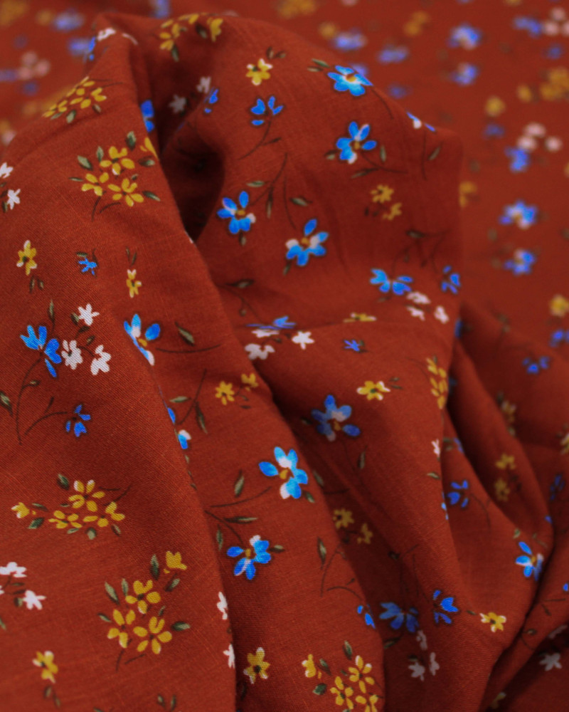 Tecido Viscose Texturizada Premium Micro Ramos Florais Colorido e Vermelho Paixão