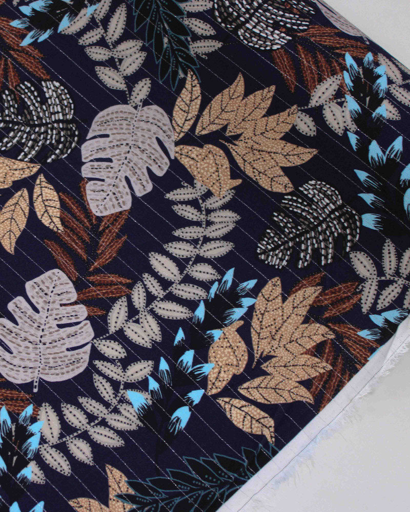 Tecido Viscose Premium com Lurex Estampa Macro Folhas Pontilhadas Colorido e Azul Marinho