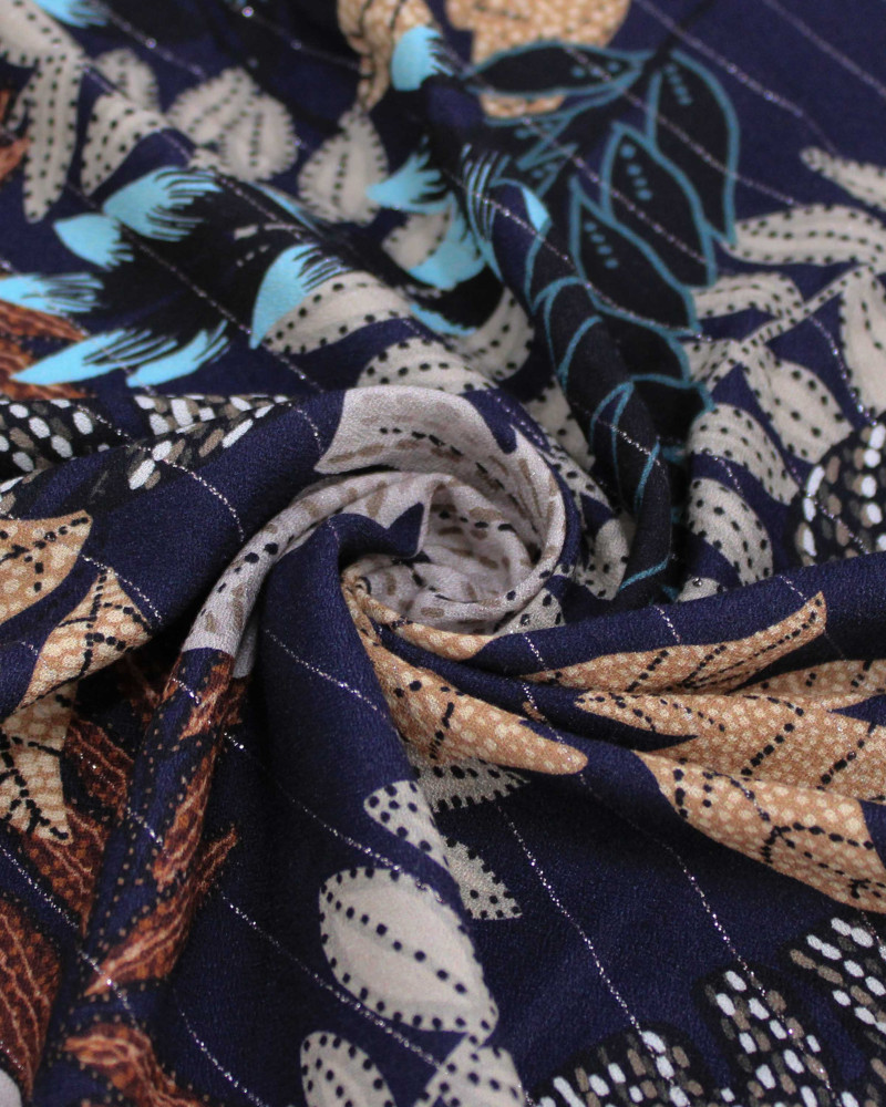 Tecido Viscose Premium com Lurex Estampa Macro Folhas Pontilhadas Colorido e Azul Marinho
