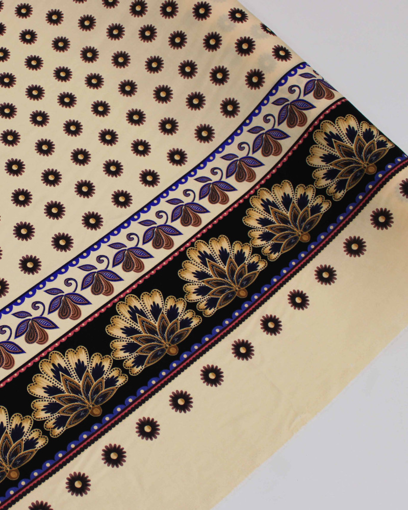 Tecido Viscose Sarjada Premium Barrado Duplo Floral Colorido e Creme