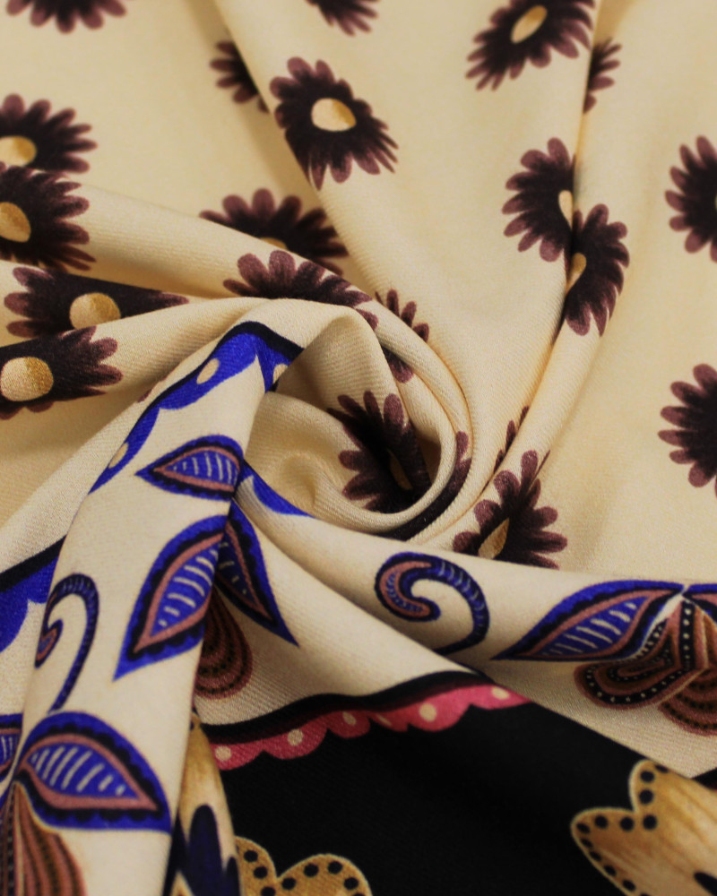 Tecido Viscose Sarjada Premium Barrado Duplo Floral Colorido e Creme