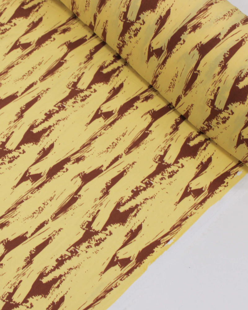 Tecido Viscose Arte Abstrata Casanho e Amarelo Manteiga