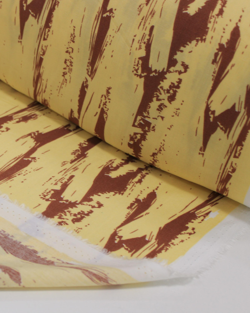 Tecido Viscose Arte Abstrata Casanho e Amarelo Manteiga