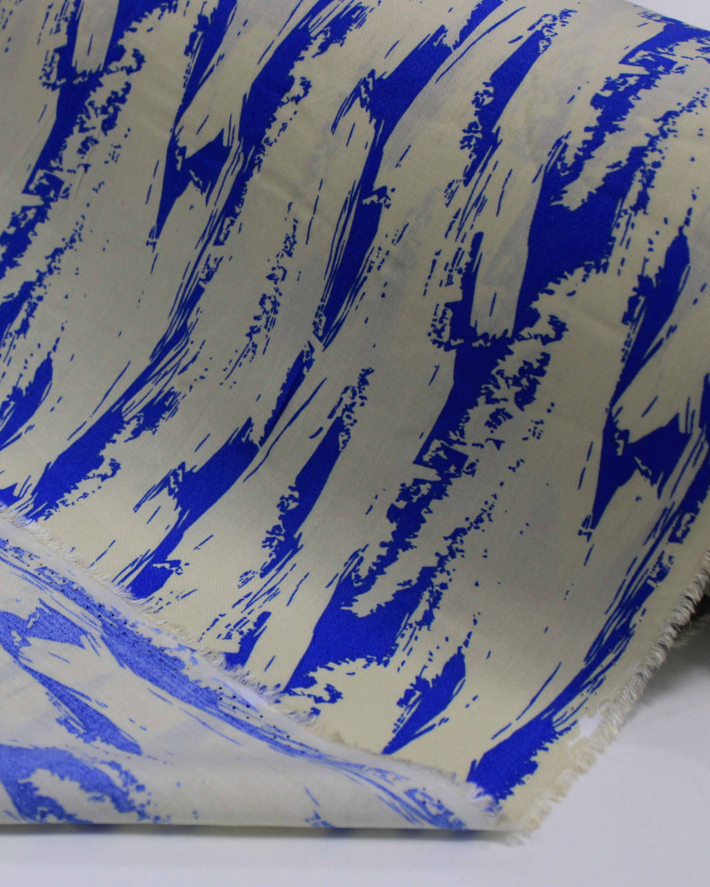 Tecido Viscose Arte Abstrata Azul e Offwhite