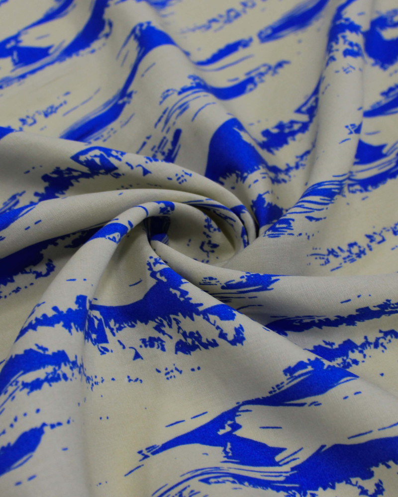 Tecido Viscose Arte Abstrata Azul e Offwhite