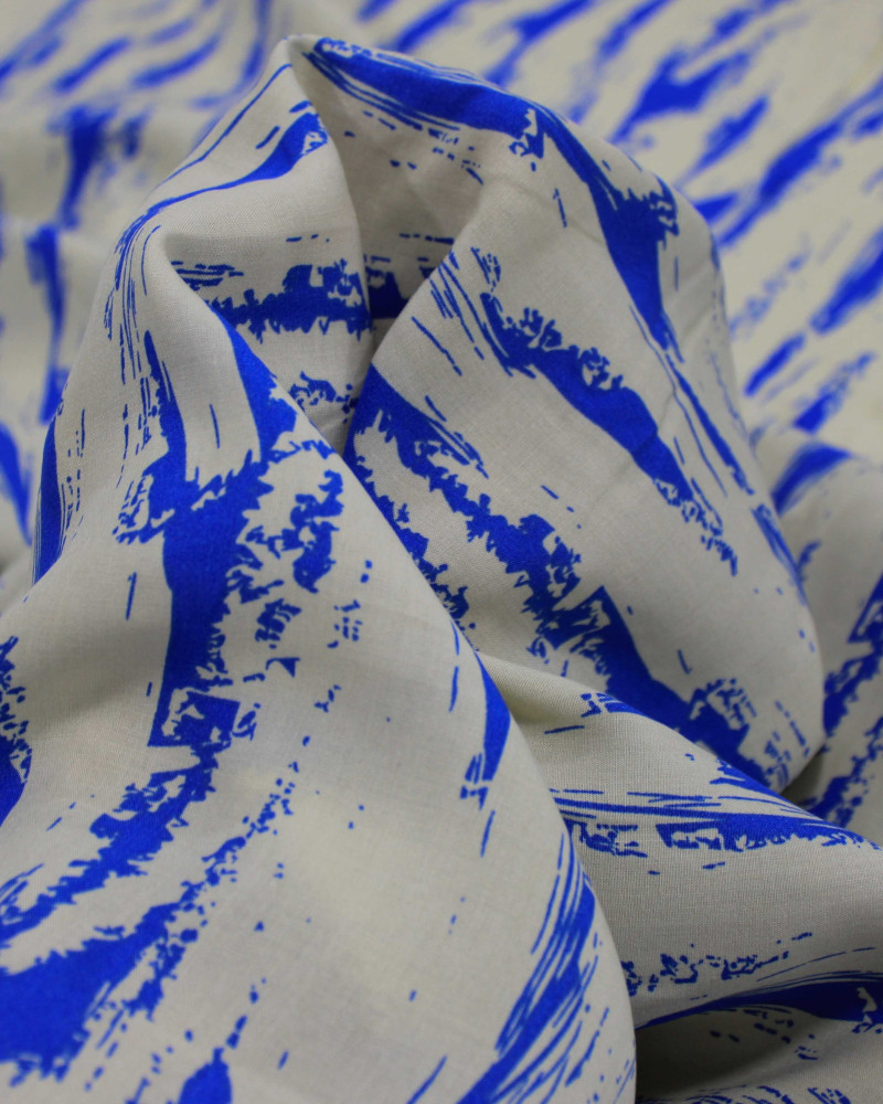 Tecido Viscose Arte Abstrata Azul e Offwhite