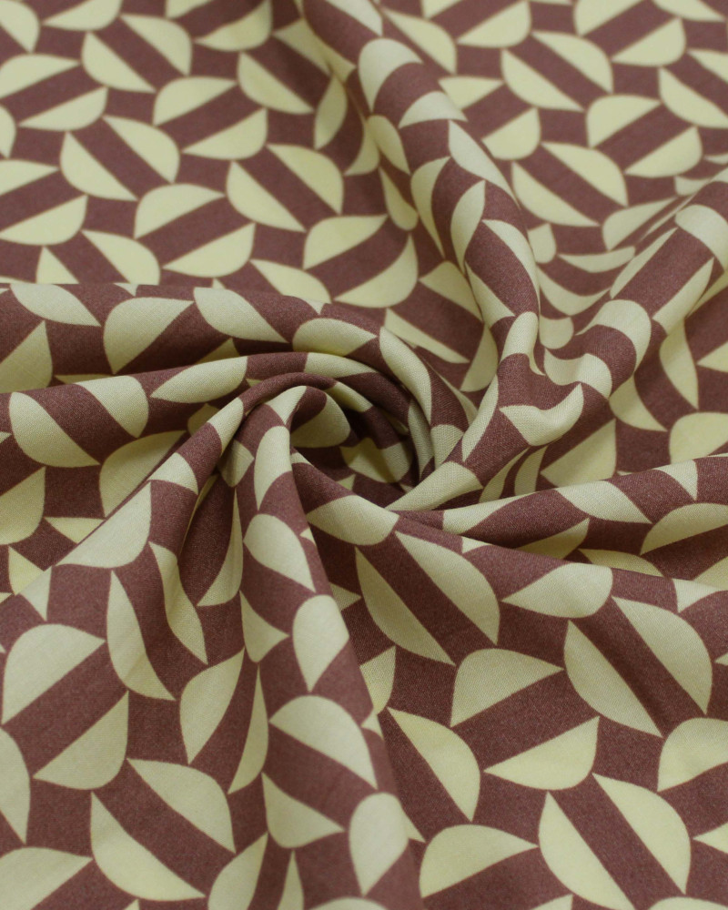 Tecido Viscose Semi Círculos Amarelo Manteiga e Castanho