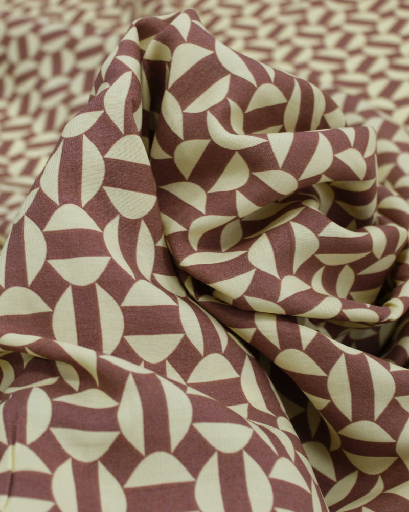 Tecido Viscose Semi Círculos Amarelo Manteiga e Castanho