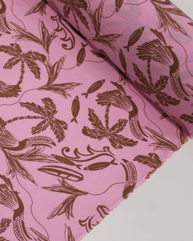 Tecido Viscose Estampa Tropical Marrom e Rosa