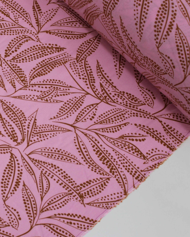 Tecido Viscose Ramos Ponilhados Castanho e Rosa