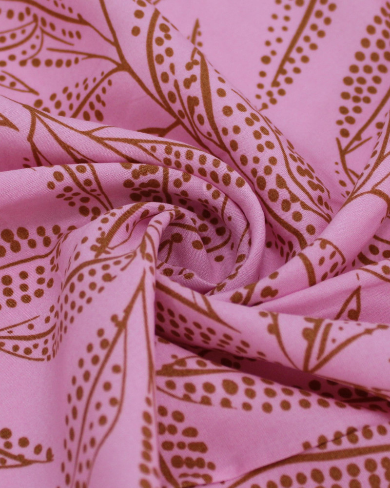 Tecido Viscose Ramos Ponilhados Castanho e Rosa