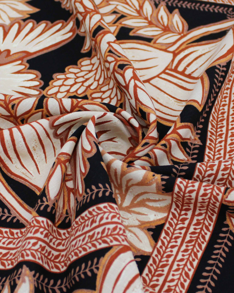 Tecido Viscose Texturizada Ramos e Pássaros em Recortes Tons Terrosos e Preto