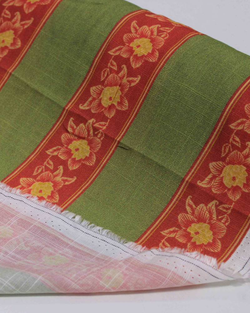 Tecido Viscose Texturizada Premium Listras Florais Amarelo, Vermelho e Verde Oliva