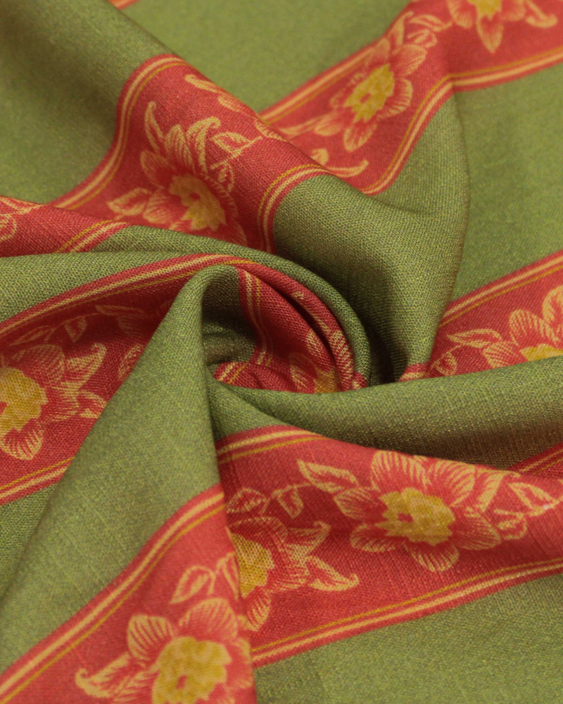 Tecido Viscose Texturizada Premium Listras Florais Amarelo, Vermelho e Verde Oliva