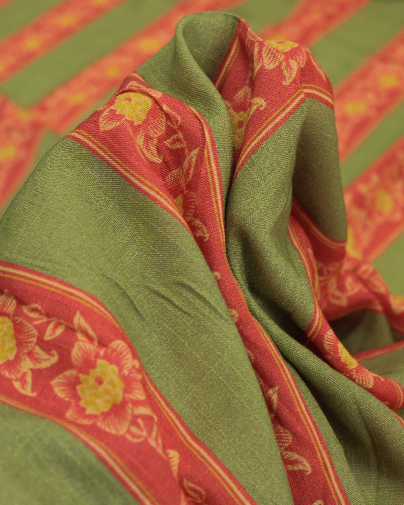 Tecido Viscose Texturizada Premium Listras Florais Amarelo, Vermelho e Verde Oliva