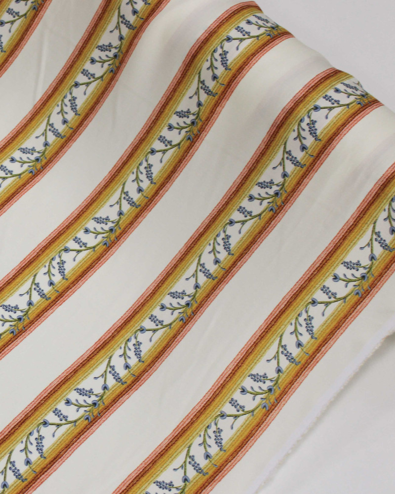 Tecido Viscose Premium Listras Florais Azul, Tons Terrosos e Creme