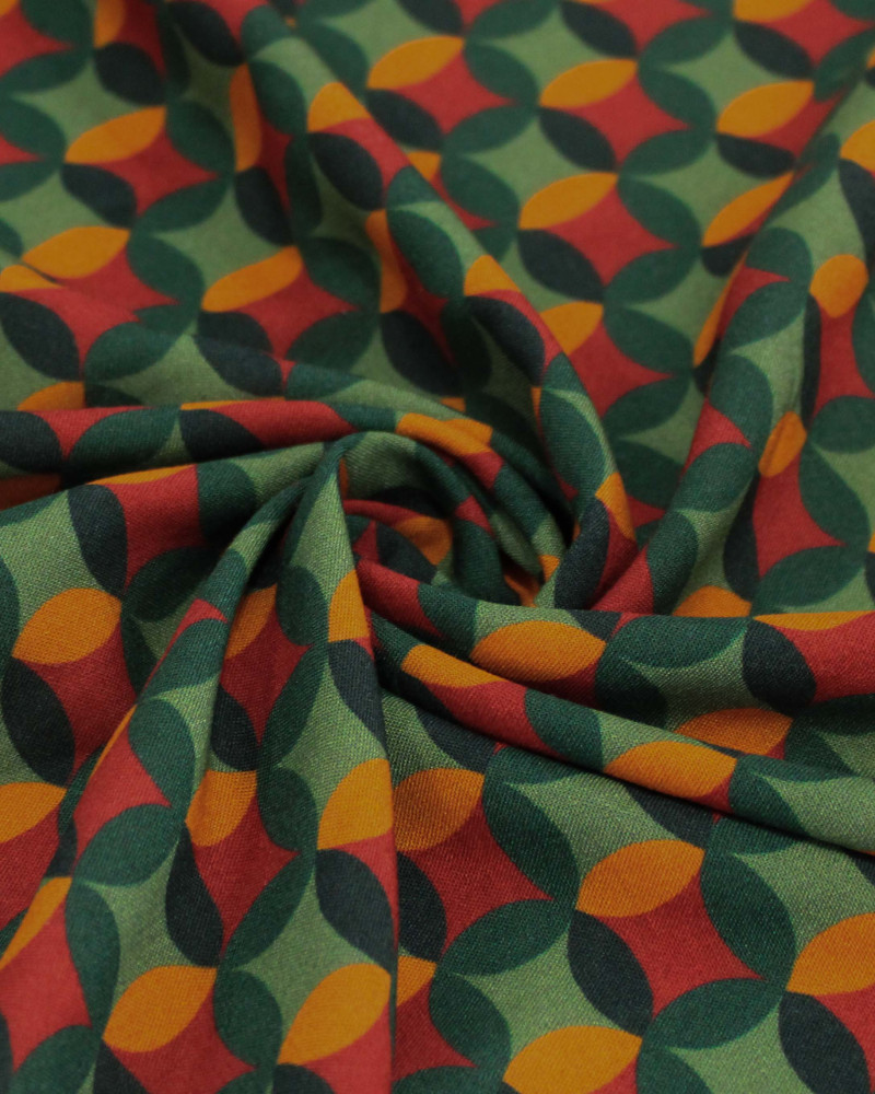 Tecido Viscose Premium Poá Estampado Marsala, Laranja e Tons de Verde