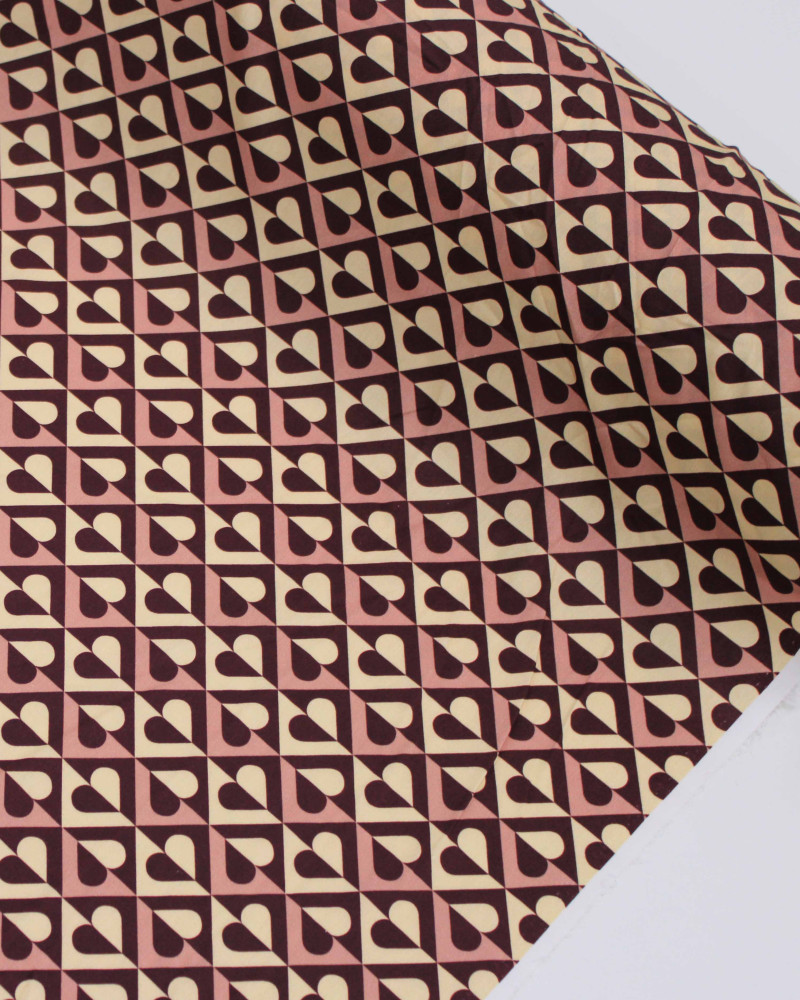 Tecido Tricoline com Elastano Premium Corações em Listras Roxo Imperial, Rosé e Creme