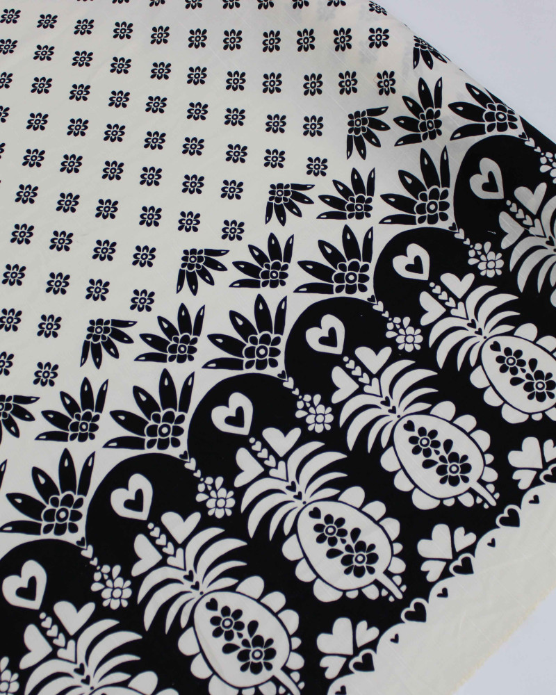 Tecido Linho Misto Premium Barrado Duplo Tropical Absrato Preto e Creme