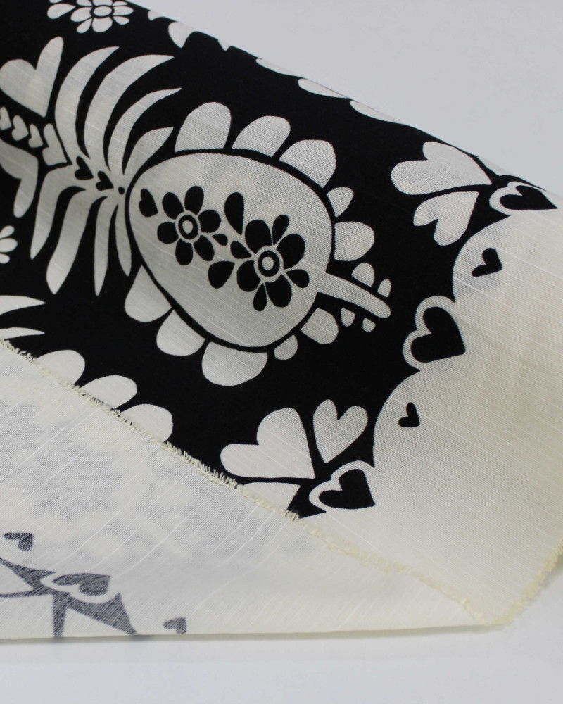 Tecido Linho Misto Premium Barrado Duplo Tropical Absrato Preto e Creme