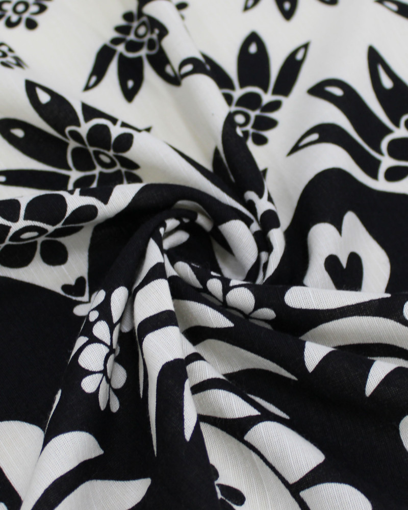 Tecido Linho Misto Premium Barrado Duplo Tropical Absrato Preto e Creme