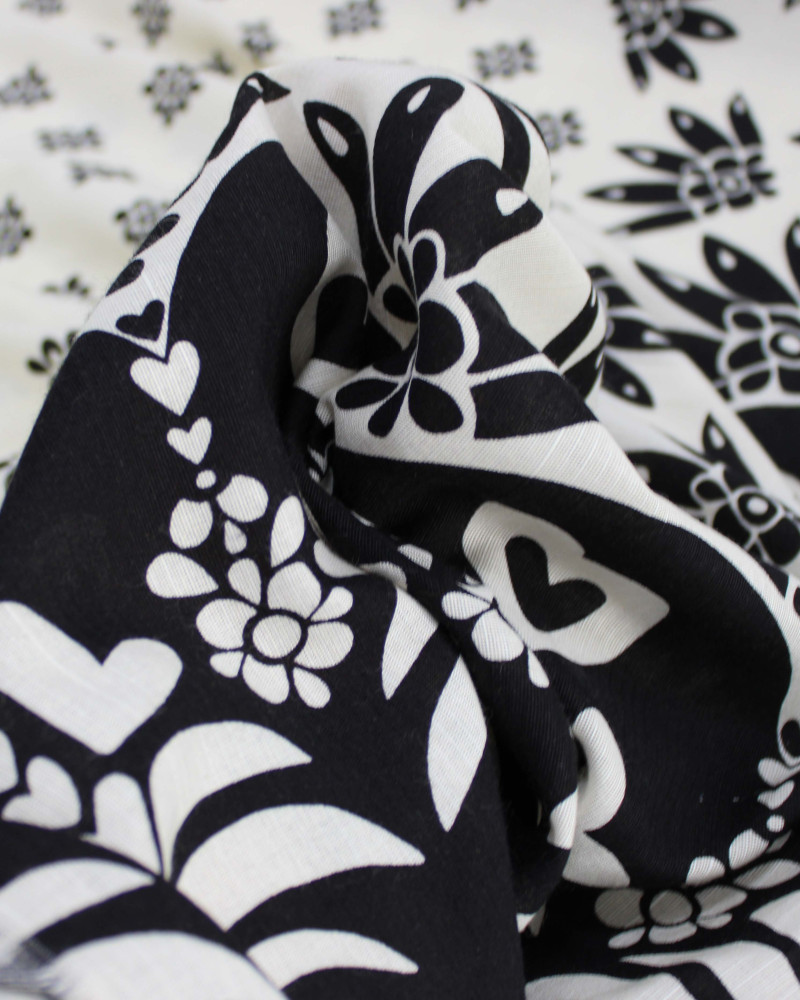 Tecido Linho Misto Premium Barrado Duplo Tropical Absrato Preto e Creme