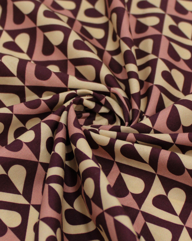 Tecido Tricoline com Elastano Premium Corações em Listras Roxo Imperial, Rosé e Creme