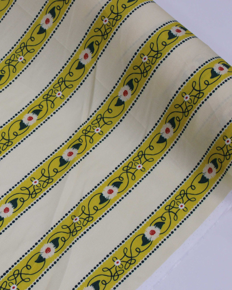 Tecido Viscose Sarjada Premium Listras Florais Amarelo, Verde e Creme