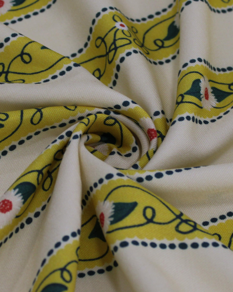 Tecido Viscose Sarjada Premium Listras Florais Amarelo, Verde e Creme