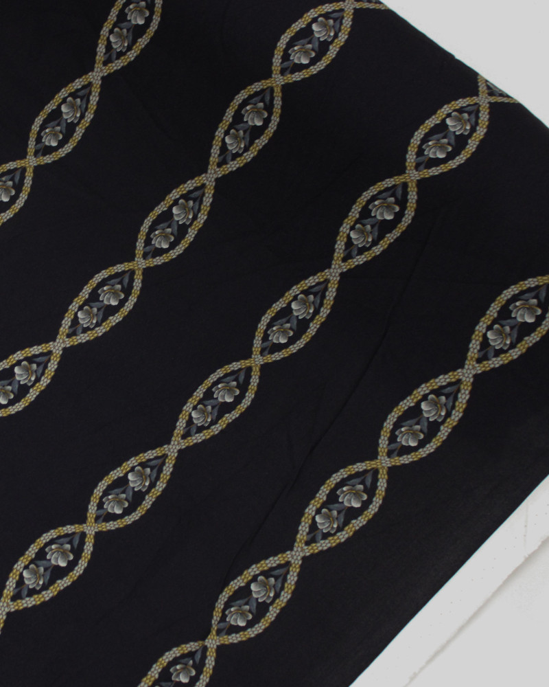 Tecido Viscose Premium Listras Florais Trançadas Amarelo, Tons de Cinza e Preto