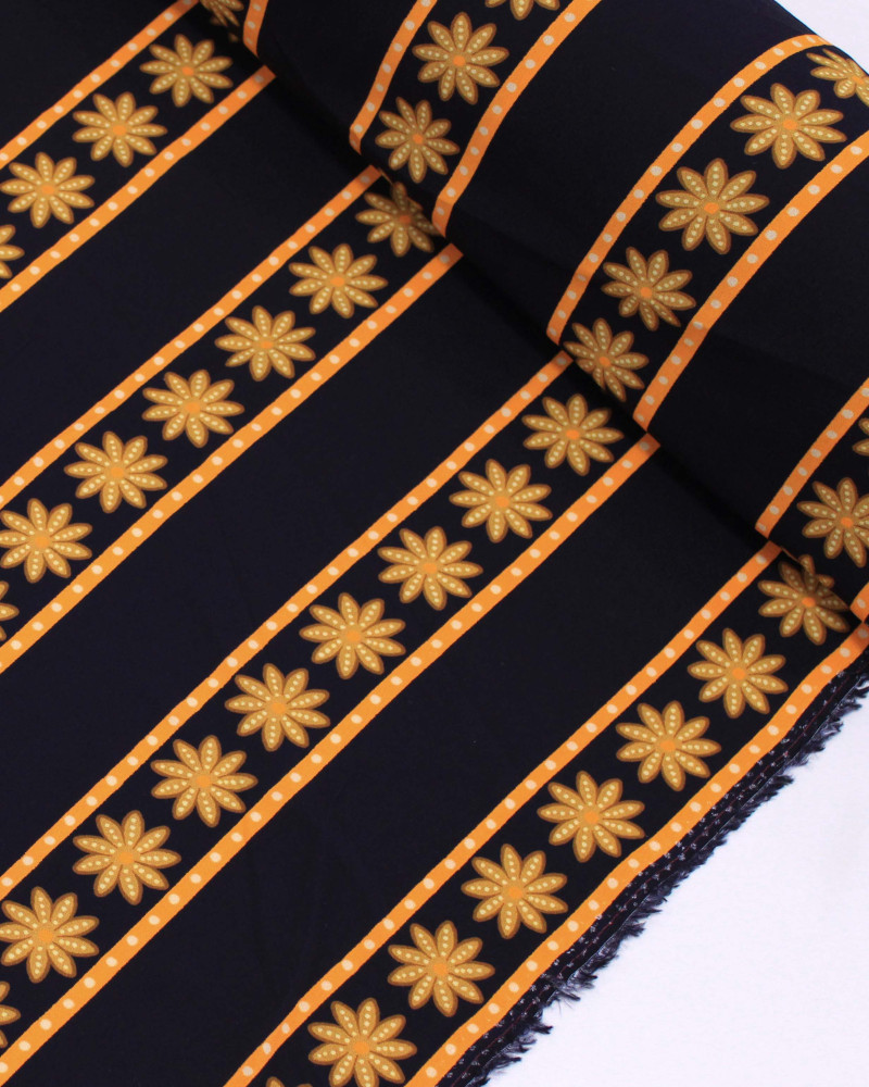 Tecido Viscose Pretmium Flores em Listras Palha, Laranja e Preto