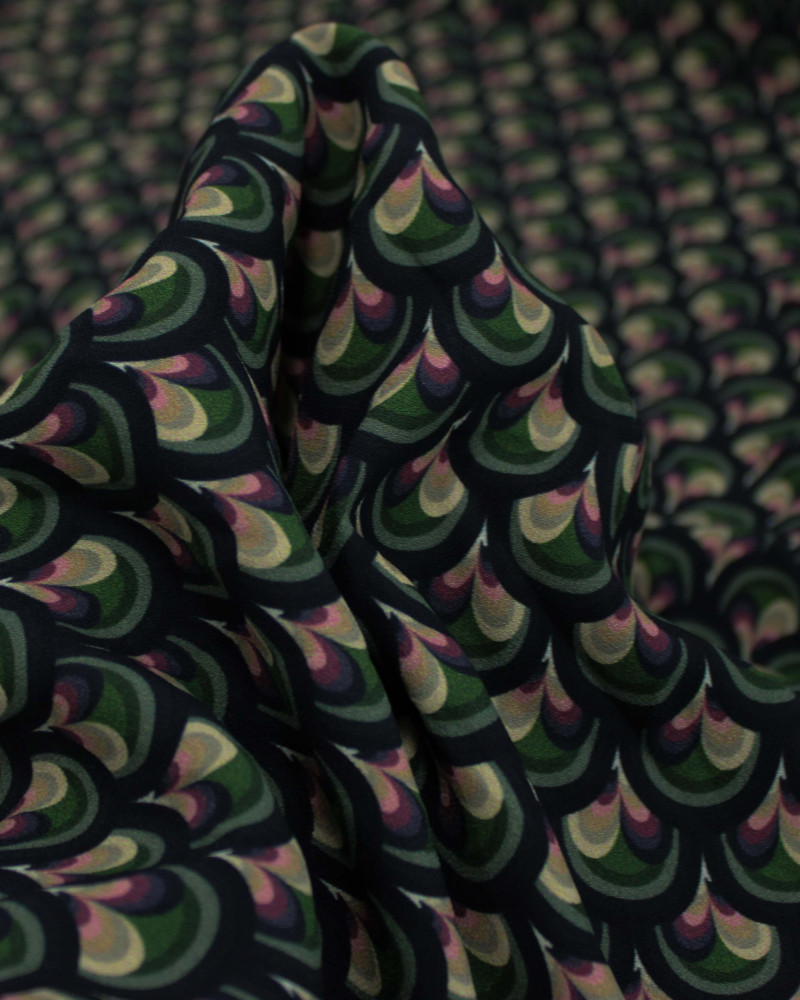 Tecido Crepe de Viscose Grossa Premium Escamas Bege, Verde e Preto